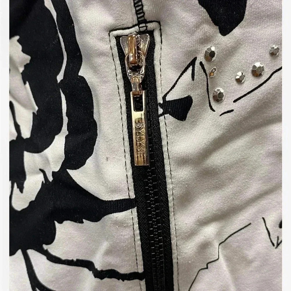 Bylyse Floral Black White Rhinestone Zip Up Jacket Size Medium - Picture 7 of 8